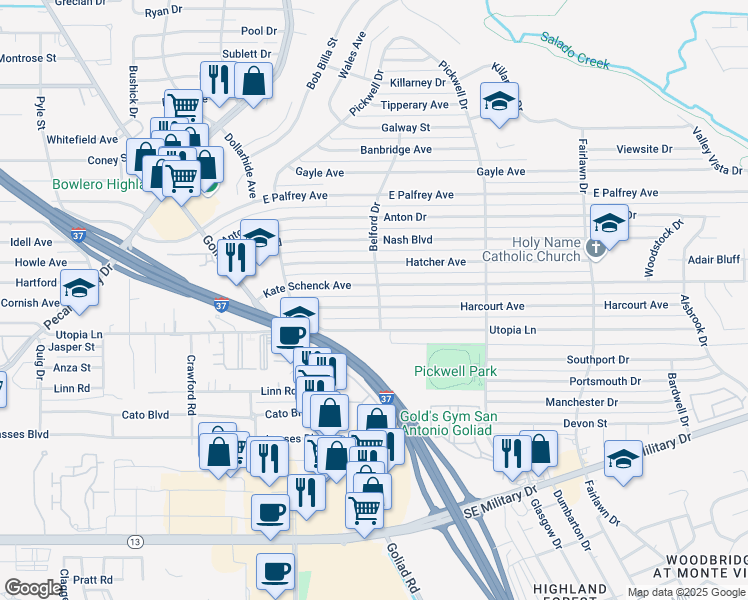 map of restaurants, bars, coffee shops, grocery stores, and more near 274 Kate Schenck Avenue in San Antonio