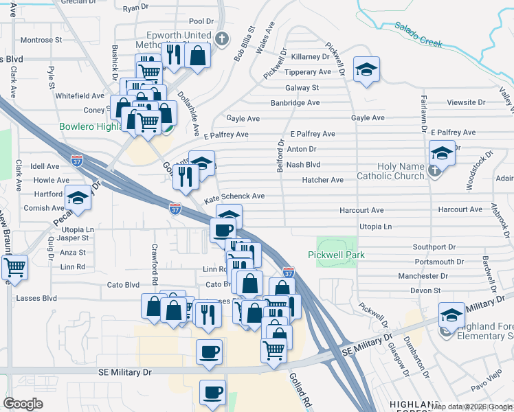 map of restaurants, bars, coffee shops, grocery stores, and more near 246 Kate Schenck Avenue in San Antonio