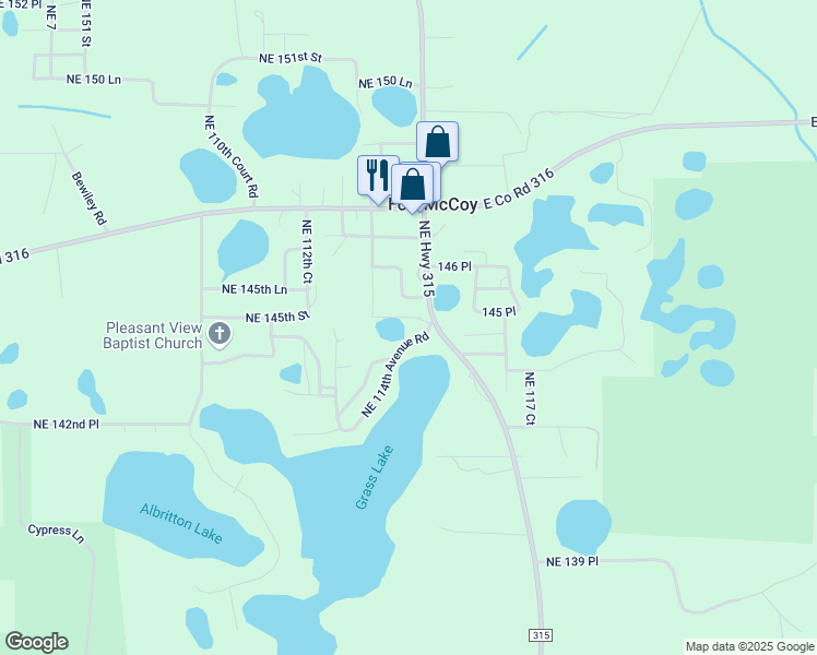 map of restaurants, bars, coffee shops, grocery stores, and more near 14480 Northeast Highway 315 in Fort McCoy