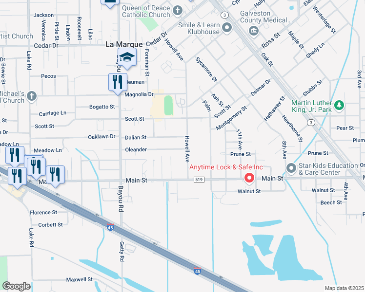 map of restaurants, bars, coffee shops, grocery stores, and more near 1502 Oleander in La Marque