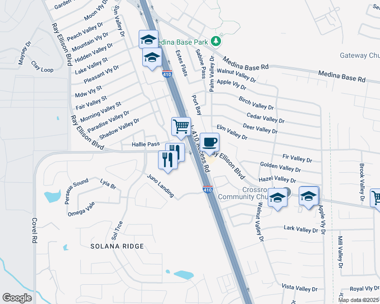 map of restaurants, bars, coffee shops, grocery stores, and more near Interstate 410 Access Rd & Ray Ellison Blvd in San Antonio