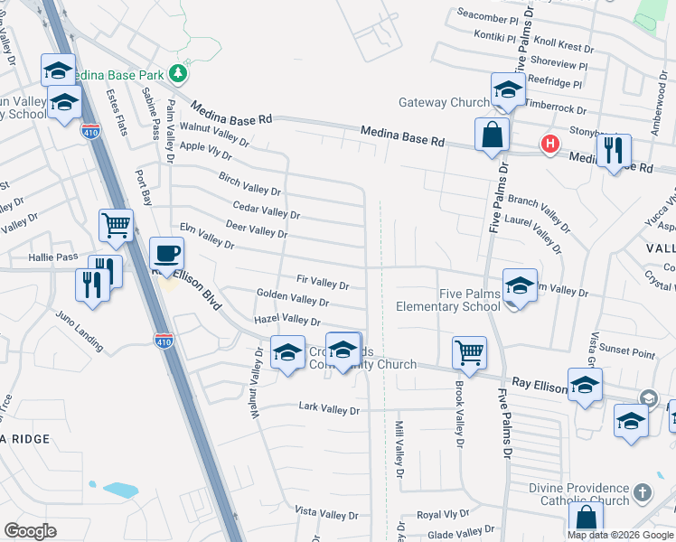 map of restaurants, bars, coffee shops, grocery stores, and more near 6122 Elm Valley Drive in San Antonio