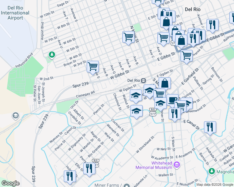 map of restaurants, bars, coffee shops, grocery stores, and more near 101 Chestnut Street in Del Rio