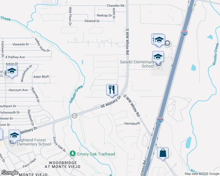 map of restaurants, bars, coffee shops, grocery stores, and more near 3623 South WW White Road in San Antonio