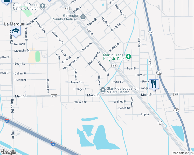 map of restaurants, bars, coffee shops, grocery stores, and more near 1704 Laurel Street in La Marque