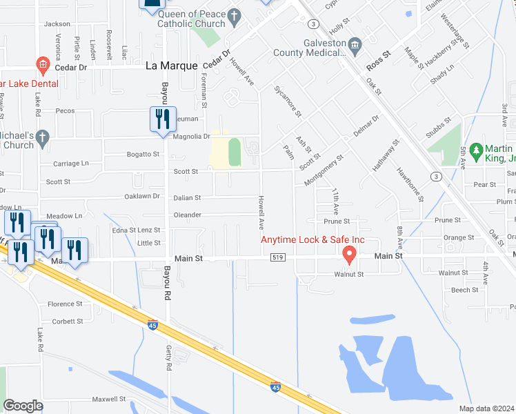 map of restaurants, bars, coffee shops, grocery stores, and more near 1914 Howell Avenue in La Marque