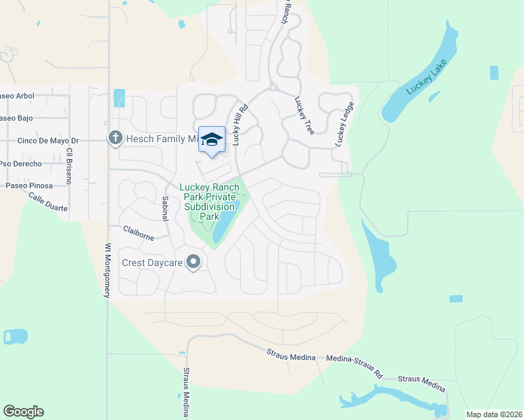 map of restaurants, bars, coffee shops, grocery stores, and more near 6901 Lucky Hill Road in San Antonio