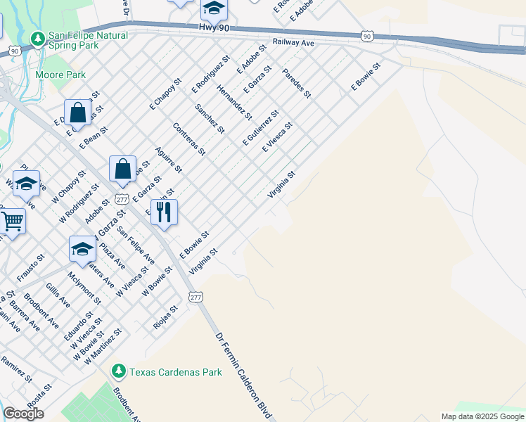 map of restaurants, bars, coffee shops, grocery stores, and more near 100 Carla Drive in Del Rio