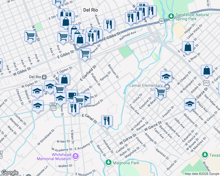 map of restaurants, bars, coffee shops, grocery stores, and more near 519 East Losoya Street in Del Rio