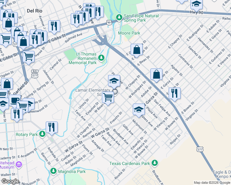 map of restaurants, bars, coffee shops, grocery stores, and more near 301-399 Waters Avenue in Del Rio