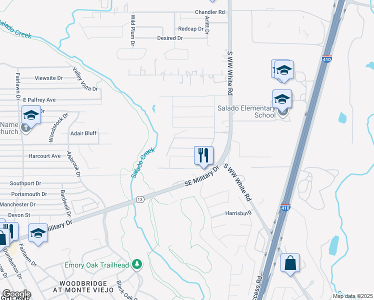 map of restaurants, bars, coffee shops, grocery stores, and more near 3623 South Ww White Road in San Antonio