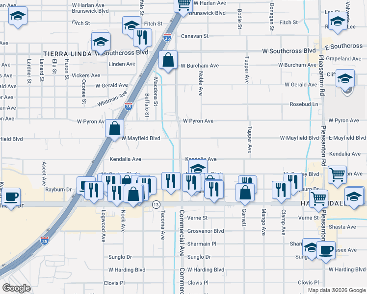 map of restaurants, bars, coffee shops, grocery stores, and more near 272 West Mayfield Boulevard in San Antonio