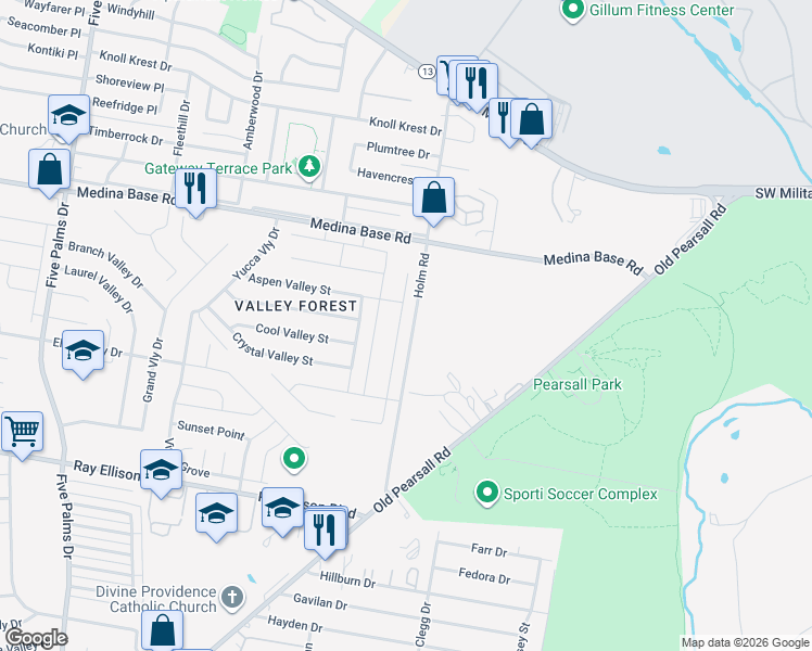 map of restaurants, bars, coffee shops, grocery stores, and more near 7001-7363 Holm Road in San Antonio