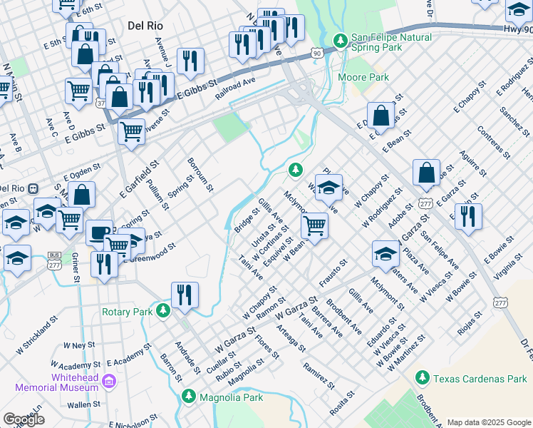 map of restaurants, bars, coffee shops, grocery stores, and more near 514 West De La Rosa Street in Del Rio