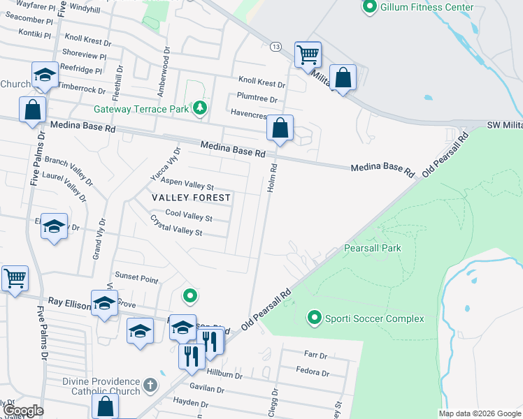 map of restaurants, bars, coffee shops, grocery stores, and more near 7001-7363 Holm Road in San Antonio