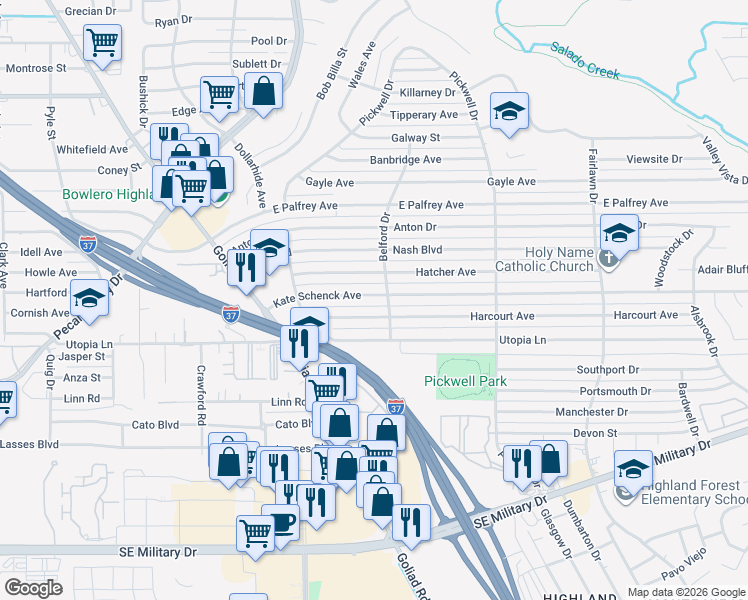 map of restaurants, bars, coffee shops, grocery stores, and more near 274 Kate Schenck Avenue in San Antonio