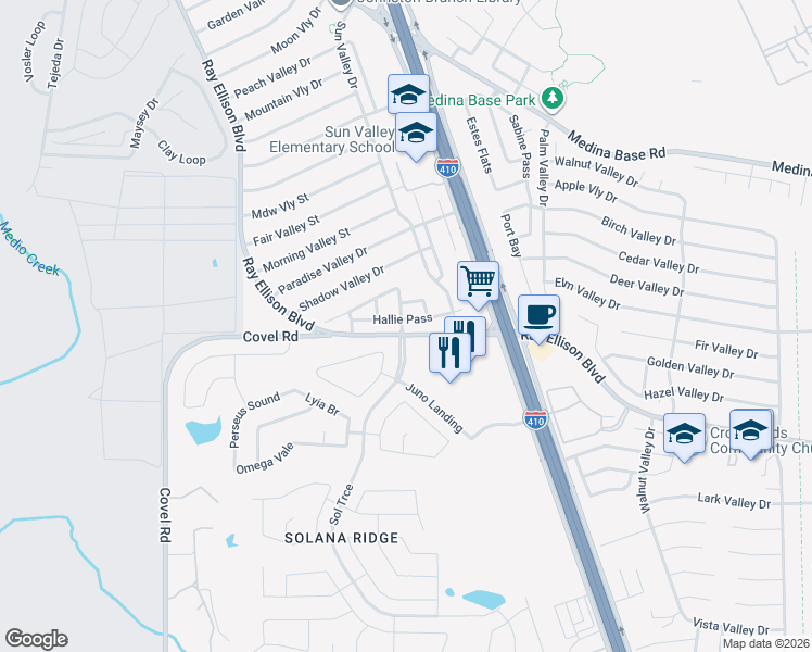 map of restaurants, bars, coffee shops, grocery stores, and more near 150 Hallie Pass in San Antonio