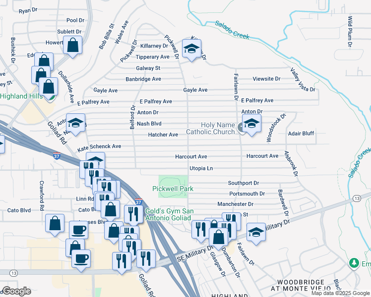 map of restaurants, bars, coffee shops, grocery stores, and more near 378 Kate Schenck Avenue in San Antonio