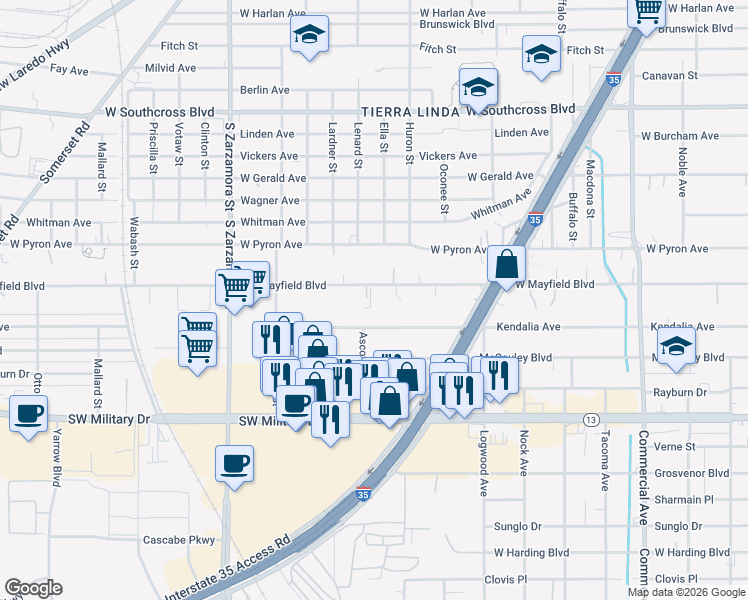 map of restaurants, bars, coffee shops, grocery stores, and more near 468 West Mayfield Boulevard in San Antonio