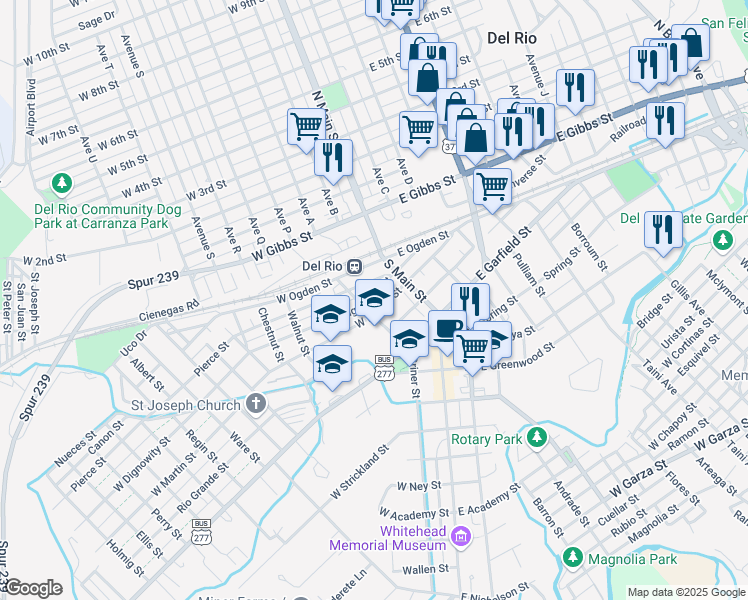 map of restaurants, bars, coffee shops, grocery stores, and more near 118 West Dignowity Street in Del Rio