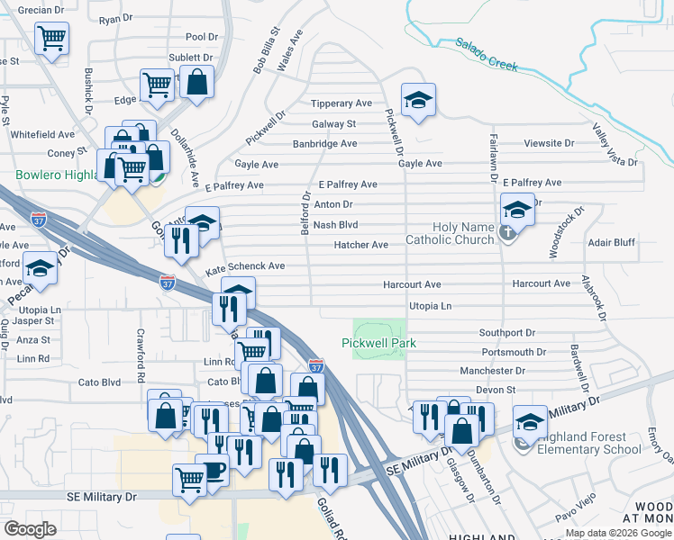 map of restaurants, bars, coffee shops, grocery stores, and more near 322 Kate Schenck Avenue in San Antonio