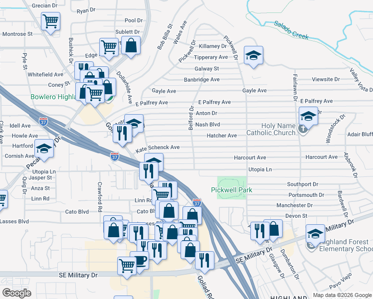 map of restaurants, bars, coffee shops, grocery stores, and more near 274 Kate Schenck Avenue in San Antonio