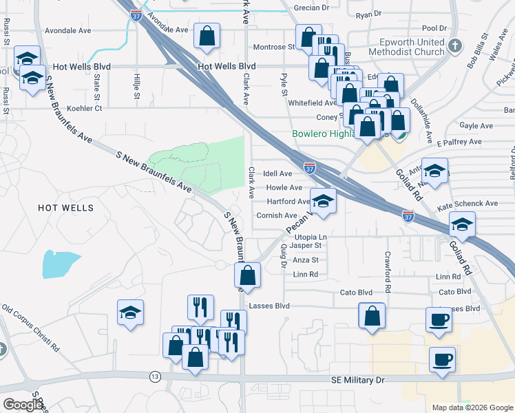 map of restaurants, bars, coffee shops, grocery stores, and more near 5307 Clark Avenue in San Antonio