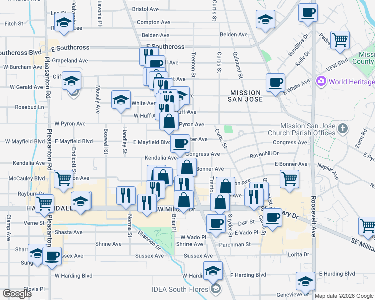 map of restaurants, bars, coffee shops, grocery stores, and more near 201 Congress Avenue in San Antonio