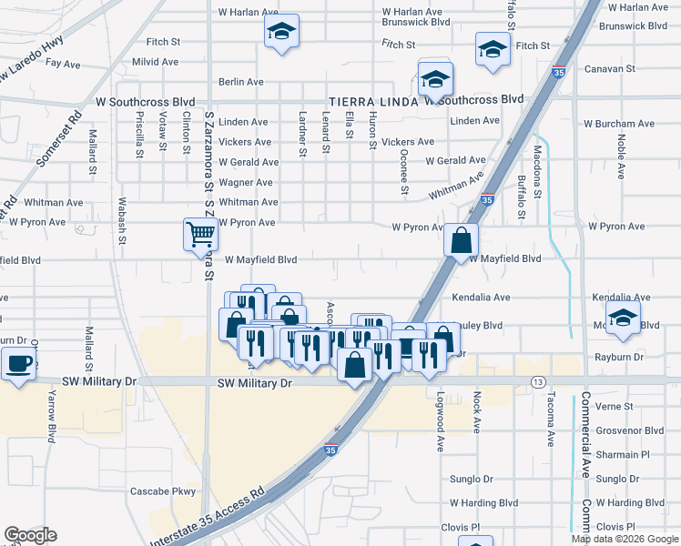map of restaurants, bars, coffee shops, grocery stores, and more near 468 West Mayfield Boulevard in San Antonio