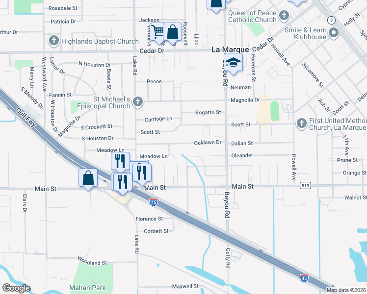 map of restaurants, bars, coffee shops, grocery stores, and more near 2203 Oaklawn Dr in La Marque