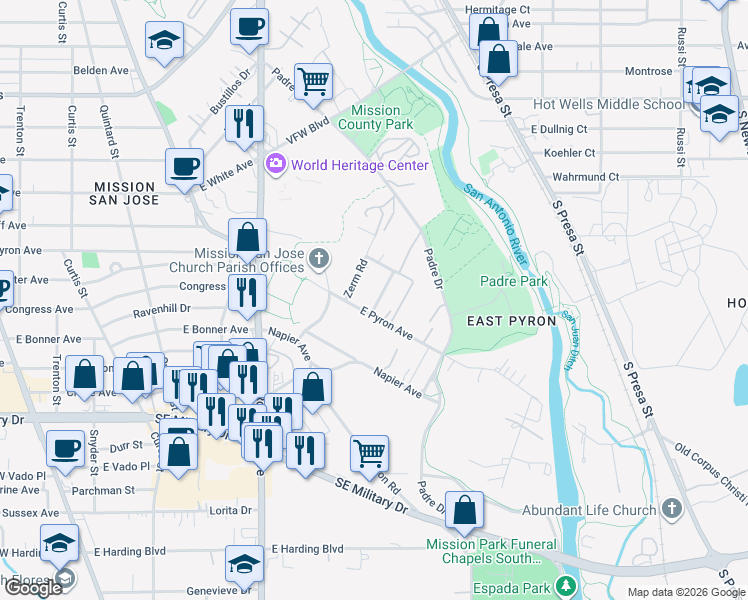 map of restaurants, bars, coffee shops, grocery stores, and more near 113 Sexauer Drive in San Antonio
