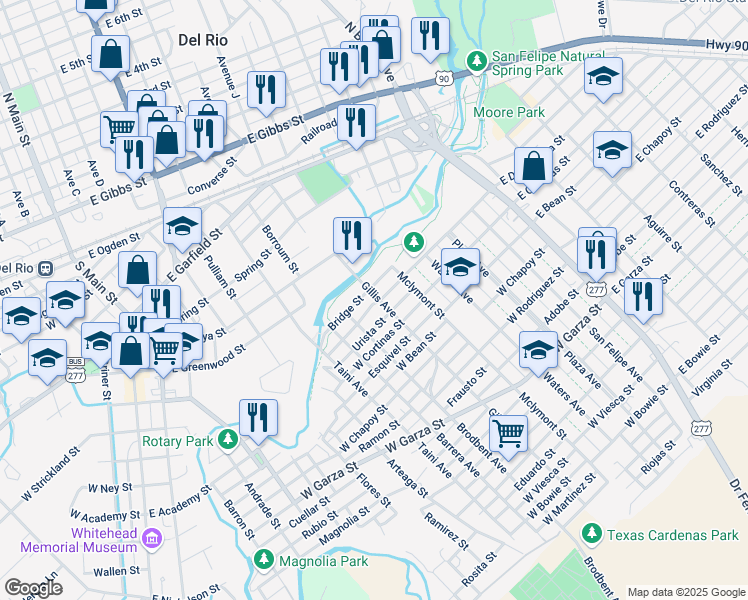 map of restaurants, bars, coffee shops, grocery stores, and more near 514 West De La Rosa Street in Del Rio