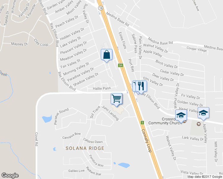 map of restaurants, bars, coffee shops, grocery stores, and more near 114 Hallie Pass in San Antonio