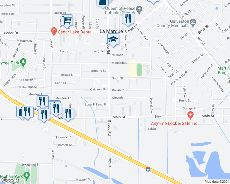 map of restaurants, bars, coffee shops, grocery stores, and more near 1823 Dalian Street in La Marque