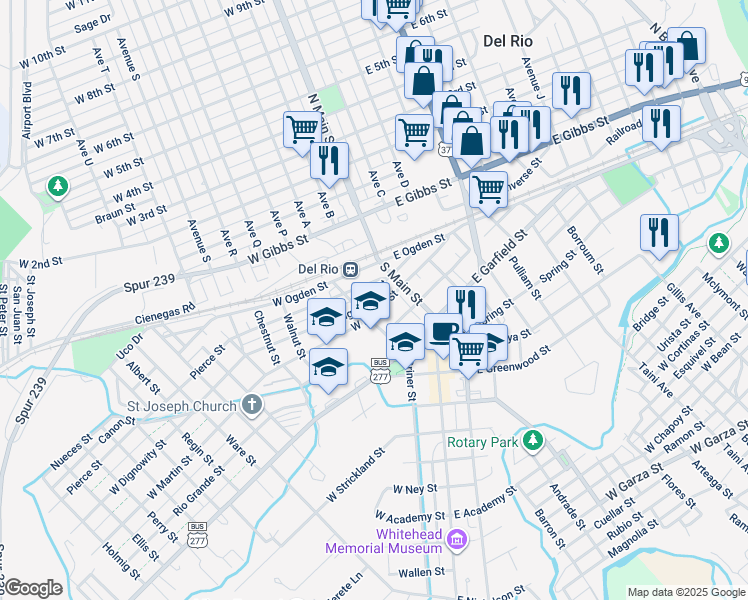 map of restaurants, bars, coffee shops, grocery stores, and more near 118 West Dignowity Street in Del Rio