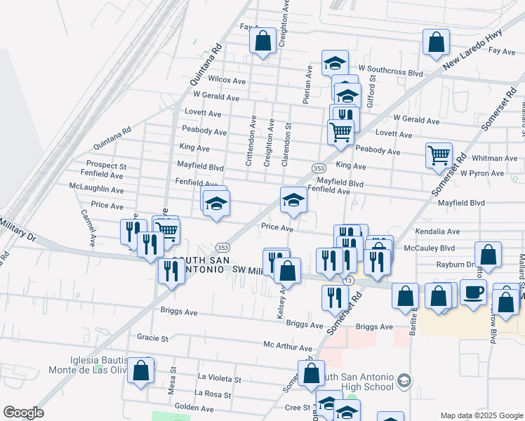 map of restaurants, bars, coffee shops, grocery stores, and more near 1113 New Laredo Highway in San Antonio