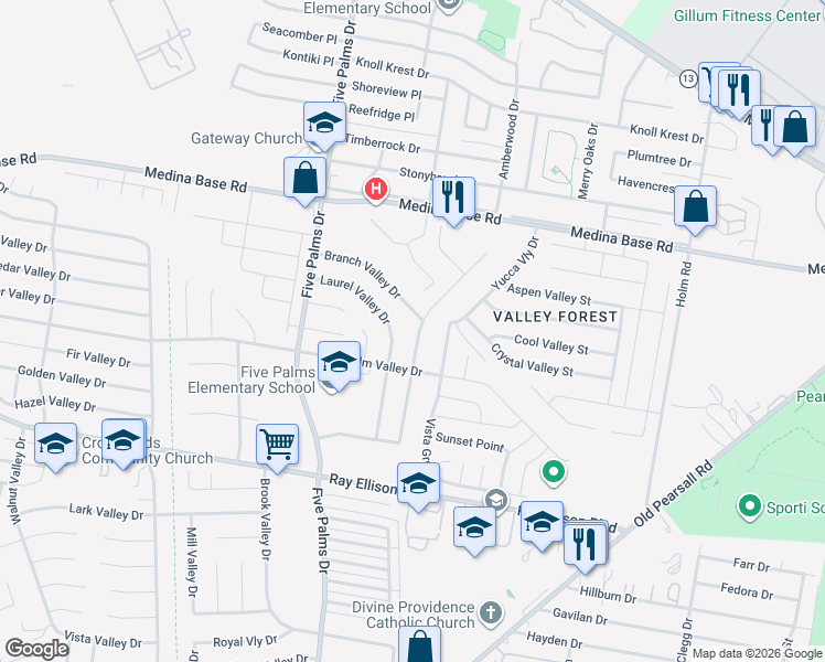 map of restaurants, bars, coffee shops, grocery stores, and more near 7018 Grand Valley Street in San Antonio