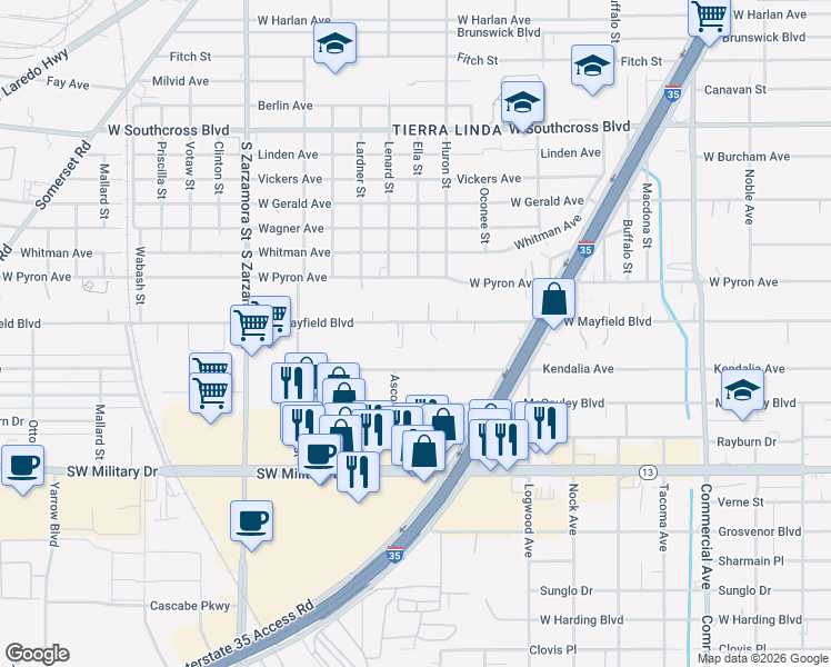 map of restaurants, bars, coffee shops, grocery stores, and more near 468 West Mayfield Boulevard in San Antonio