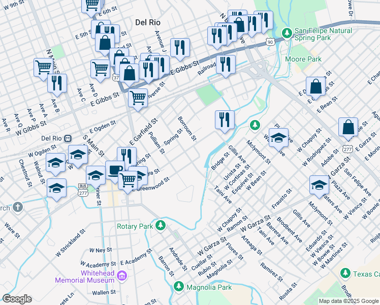 map of restaurants, bars, coffee shops, grocery stores, and more near 519 East Losoya Street in Del Rio