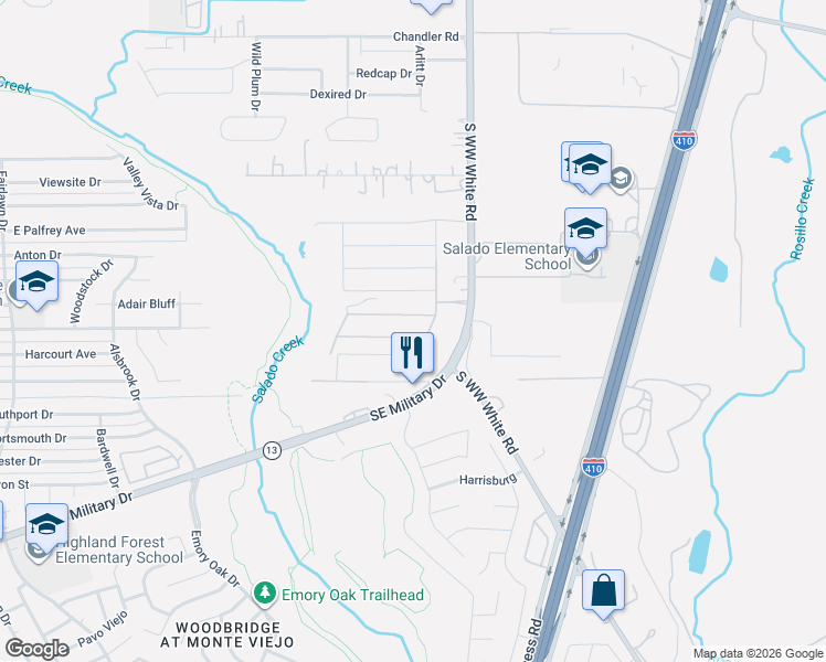 map of restaurants, bars, coffee shops, grocery stores, and more near 3617-3657 South WW White Road in San Antonio