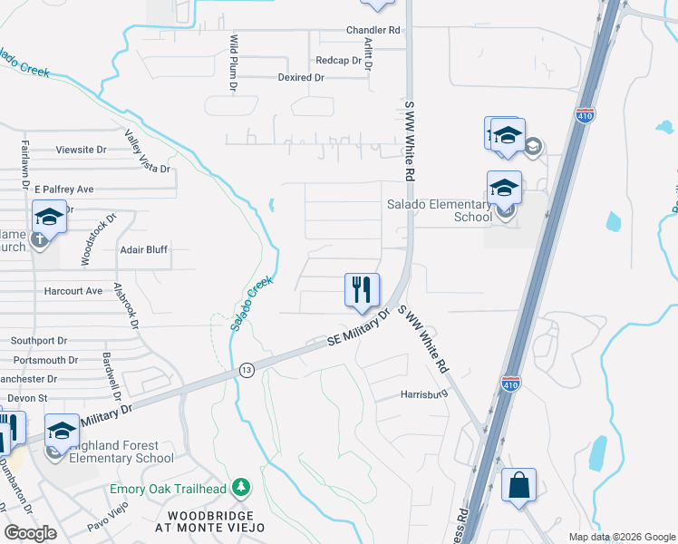 map of restaurants, bars, coffee shops, grocery stores, and more near 3623 South WW White Road in San Antonio