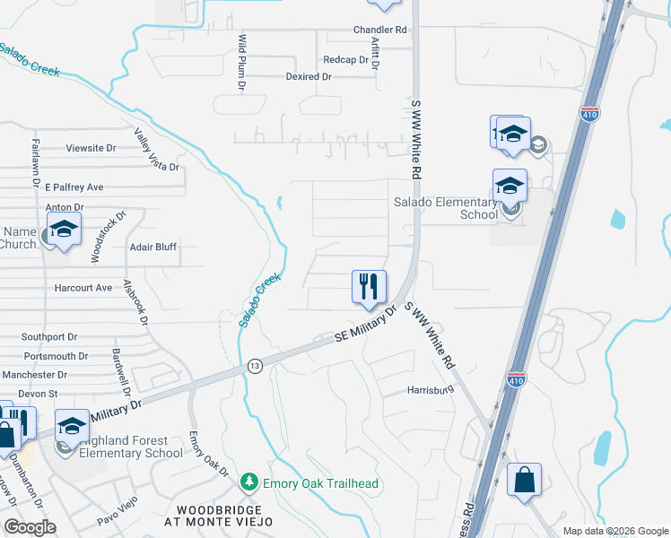 map of restaurants, bars, coffee shops, grocery stores, and more near 3623 South WW White Road in San Antonio