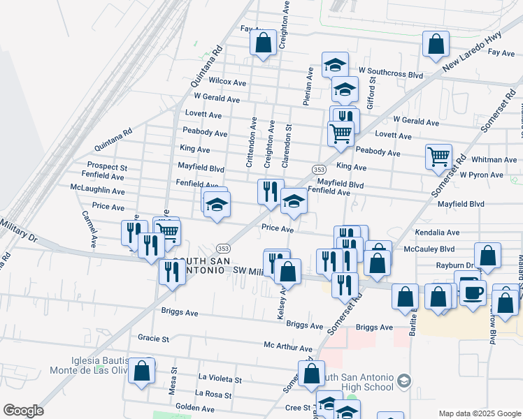 map of restaurants, bars, coffee shops, grocery stores, and more near 1113 New Laredo Highway in San Antonio