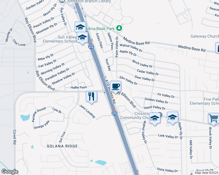 map of restaurants, bars, coffee shops, grocery stores, and more near Southwest Loop 410 in San Antonio