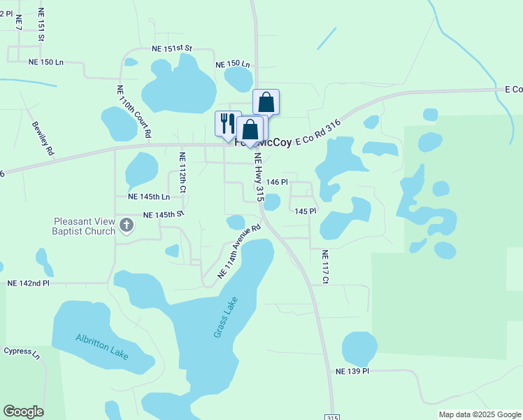 map of restaurants, bars, coffee shops, grocery stores, and more near 14480 Northeast Highway 315 in Fort McCoy