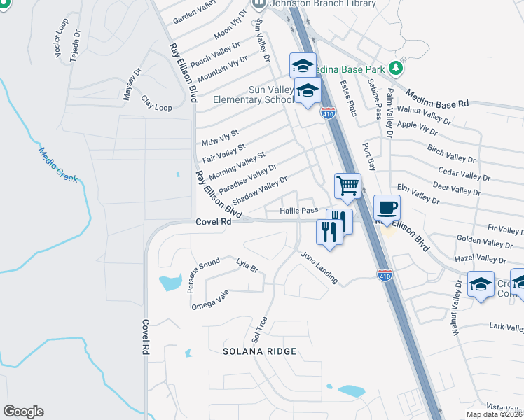 map of restaurants, bars, coffee shops, grocery stores, and more near 230 Hallie Cove in San Antonio