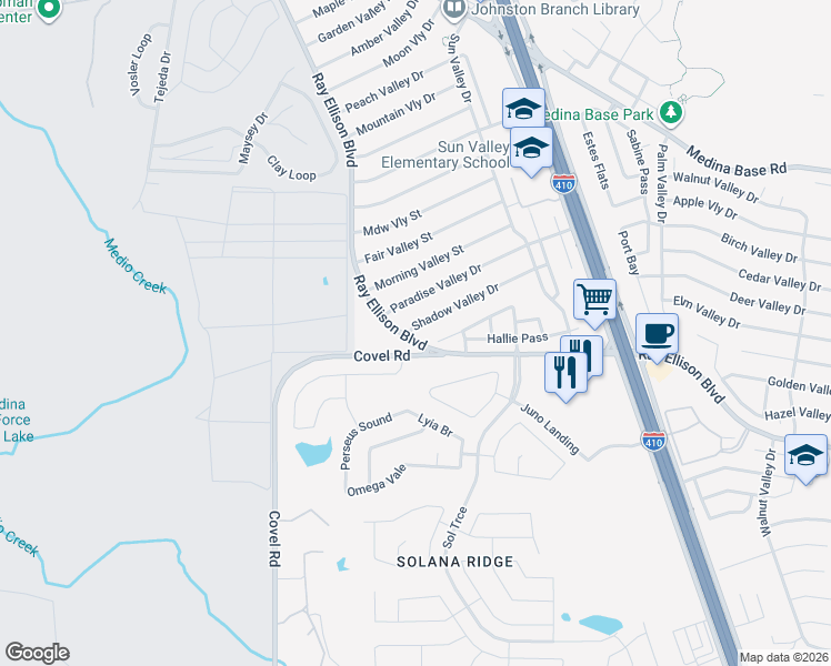map of restaurants, bars, coffee shops, grocery stores, and more near 186 Shadow Valley Drive in San Antonio