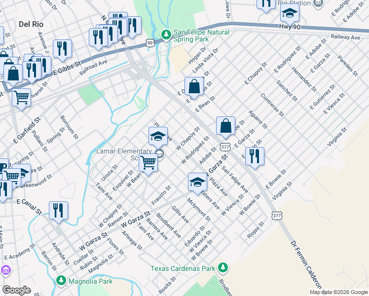 map of restaurants, bars, coffee shops, grocery stores, and more near 407 Plaza Avenue in Del Rio