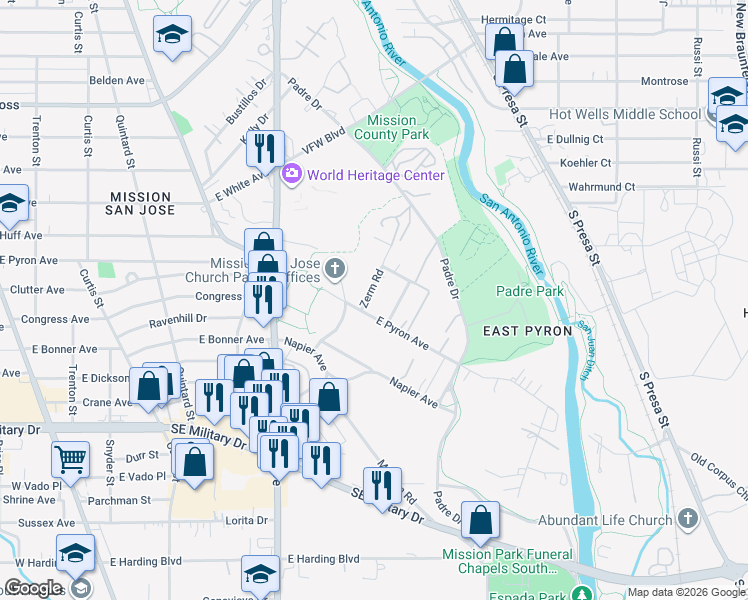 map of restaurants, bars, coffee shops, grocery stores, and more near 113 Sexauer Drive in San Antonio