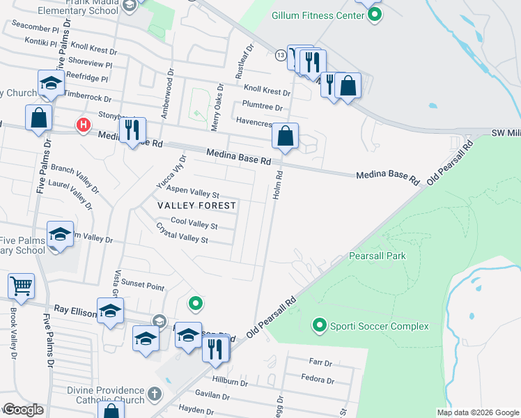 map of restaurants, bars, coffee shops, grocery stores, and more near 7001-7363 Holm Road in San Antonio